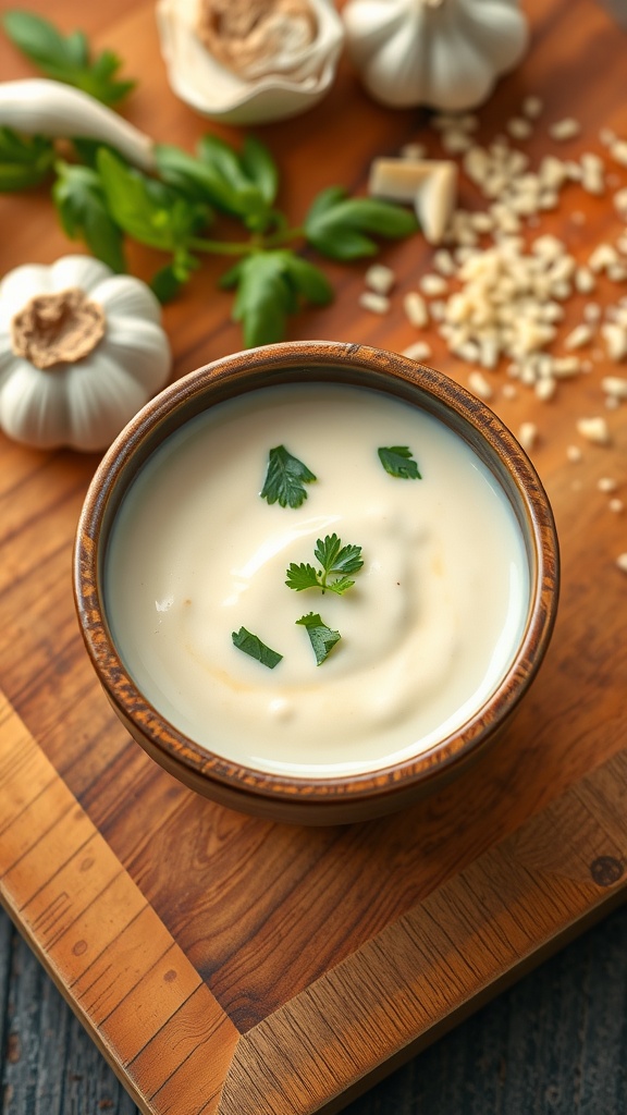 A bowl of creamy garlic white sauce garnished with parsley, with garlic cloves and Parmesan cheese in the background.